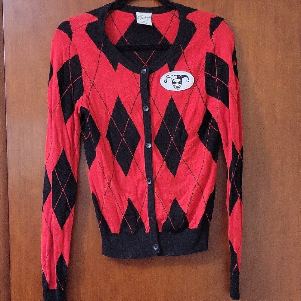 Harley Quinn Red and Black Argyle Cardigan